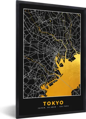 Produktbild von MuchoWow® Gerahmtes Poster Tokio - Stadtplan - Gold - Karte 20x30 cm - Poster mit Schwarzem Bilderrahmen Wandposter Rahmen Foto Bilder - Drucken - Bilder Poster im Rahmen