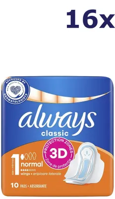 Immagine prodotto di 16 confezioni di assorbenti Always Classic 10 pezzi Normal con ali, taglia 1