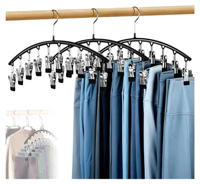 Produktbild von 3er Set platzsparende Hosenbügel mit 10 Clips und drehbarem Edelstahlhaken für Leggings, Shorts, Röcke und Mützen