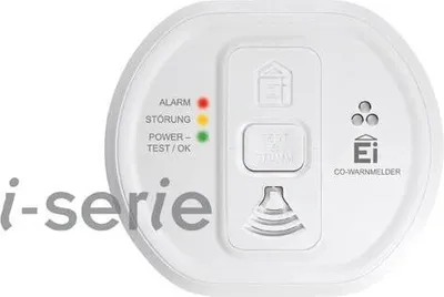 A white carbon monoxide detector with text and logos on it, placed on a white background.