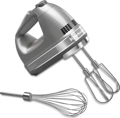 A silver hand mixer and whisk accessory against a white background.