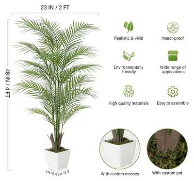 Produktbild von Künstliche Areca Palme - Zimmerpflanze 120 cm - Hoher Weißer Übertopf - Kunststoffpflanze - Bodendeko Wohnzimmer Büro Zuhause - Grün
