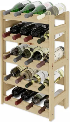 A wooden wine rack filled with wine bottles.