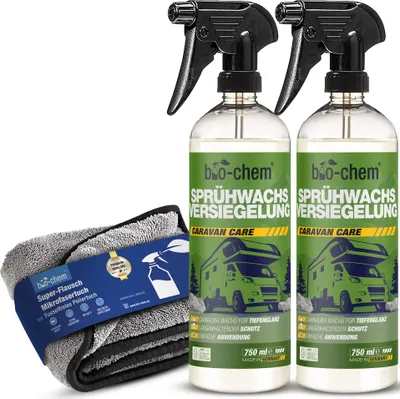 Produktbild von bio-chem Sprühwachs Versiegelung Auto 2x 750 ml inkl. Poliertuch I Flüssiges Carnauba Wachs zur Lackversiegelung für alle KFZ wie Auto, Caravan und Motorrad I Strahlender Glanz und Langzeit-Schutz