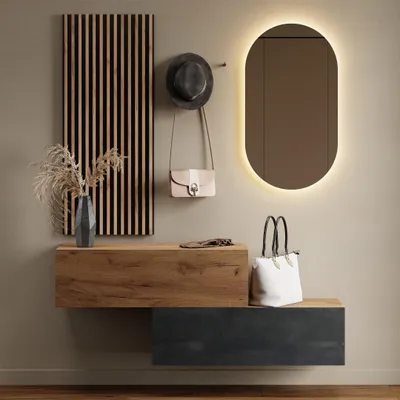 Produktbild von Flurgarderobe 2x 100 cm mit Wandpaneele und Spiegel mit LED-Beleuchtung gold eiche / schwarz charcoal - gold eiche