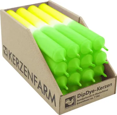 Produktbild von DIP DYE Stabkerzen aus Paraffin, 180/22 mm, Neongelb-Grün, KERZENFARM HAHN, Brenndauer ca. 7h, 16 Stück pro Verpackung