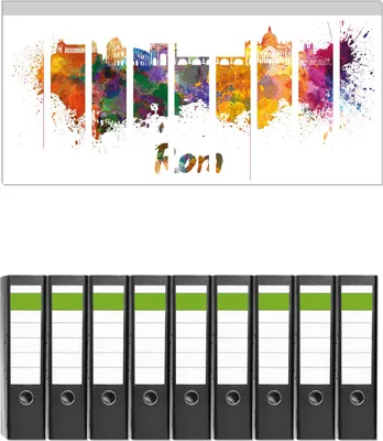 Produktbild von Wallario 9 Stück breite Ordner inkl. Klebeetiketten mit Motive Städte als Aquarell - Skyline von Rom -  Set mit Rückenschildern / Ordnerrücken Stickern