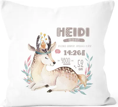 Produktbild von personalisierbares Kissen zur Geburt Rehkitz Watercolor, Geburtskissen Mädchen, Namenskissen Geschenk Geburt SpecialMe® weiß unisize