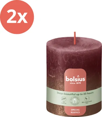 Image de Bolsius - Bougies rustiques - Métallique fané - 80/68 - 1 par paquet - Rouge velours + cuivre - Pack avantage - 2 pièces