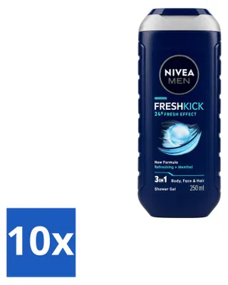 Obrázok produktu pre 10 kusov gélu na umývanie Nivea Men Fresh Kick 3 v 1 – 250 ml – výhodný balík