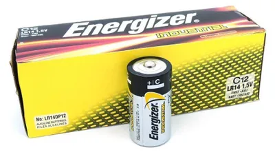A single Energizer C battery is shown in front of its packaging.