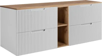 Obrázek produktu pro RODAN | Skříňka pod umyvadlem - Bílá a Hnědá - 140 cm - 4 Zásuvky s tichým dovíráním - Drážkované přední části - Nástěnná koupelnová skříňka