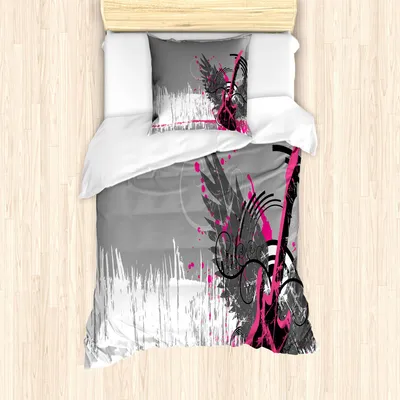 Immagine prodotto di Set copripiumino ABAKUHAUS, chitarra e pianoforte su sfondo grunge abbozzato, illustrazione emo rock trippy, 135 x 200 cm + 80 x 80 cm, grigio scuro rosa shocking