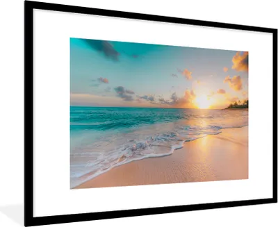 Produktbild von MuchoWow® Gerahmtes Poster Sonnenuntergang - Strand - Meer - Sommer - Blau 90x60 cm - Poster mit Schwarzem Bilderrahmen Wandposter Rahmen Foto Bilder - Wanddekoration - Fotos