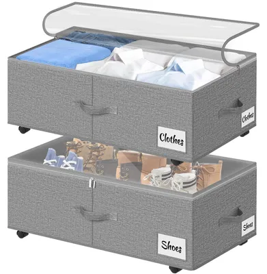 Productafbeelding van Onderbedcommode met wieltjes - Set van 2 - 360 graden draaibaar - Opbergdoos met transparant deksel - Snelle montage