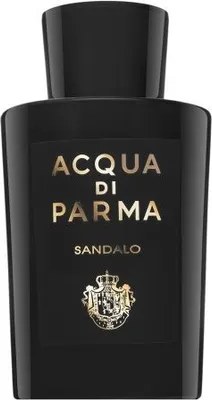 A black bottle of Acqua di Parma Sandalo Eau de Parfum with gold lettering and a crest.