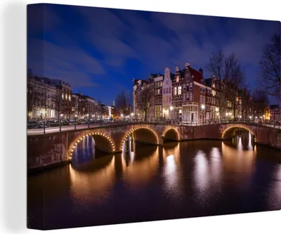 Produktbild von MuchoWow® - Leinwandbilder - Amsterdam - Wasser - Nacht, Wandbild, Wanddeko Bilder Wohnzimmer, 90x60 cm