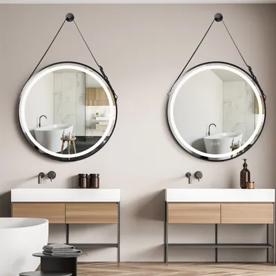 Produktbild von WISFOR LED koupelnové zrcadlo kulaté, 80cm LED nástěnné zrcadlo Koupelnové zrcadlo s osvětlením, 3 barvy světla 3500-6500K Stmívatelné zrcadlo bez mlhy s dotykovým spínačem IP44, černá barva