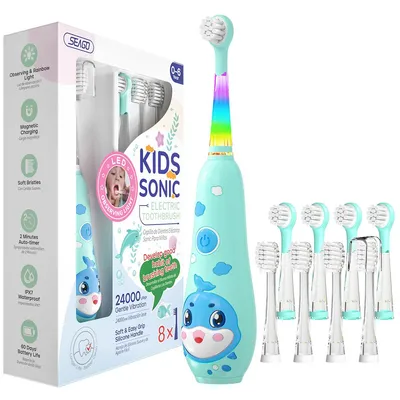 Produktbild von Elektrische Kinderzahnbürste 0–6 Jahre, wiederaufladbar, mit LED-Licht, Timer, 8 weiche Ersatzköpfe, IPX7 wasserdicht, geeignet für Jungen & Mädchen