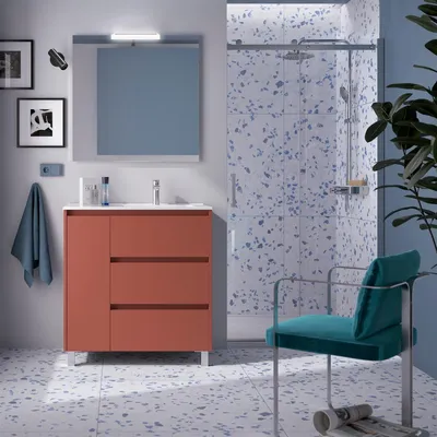 Produktbild von Noja Komplett-Set 850 3 Schubladen und 1 linke Tür Red Satin + Waschtisch + Spiegel + Leuchte