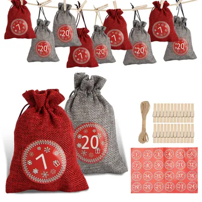 Produktbild von Ikodm Adventskalender Beutel 24 Stück mit Nummernstickern, befüllbare Stoffbeutel für DIY Weihnachtsdeko und Geschenke