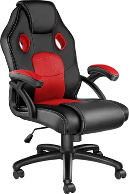 A black and red office chair with a white background.