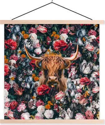 Produktbild von MuchoWow® Textilposter Kuh - Blumen - Braun 120x120 cm mit holzfarbenen Rahmen - Textil-Poster