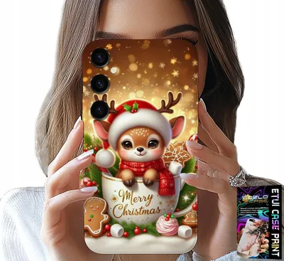 A person is holding a phone case with a Christmas-themed design featuring a reindeer in a mug.