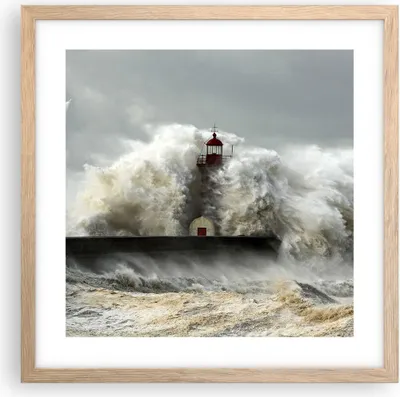 Produktbild von Gerahmtes Poster - Rahmen in heller Eiche - Leuchtturm Ozean Sturm - 40x40 cm - Wand Bild - Wanddeko - Wandbilder - Wandposter - Bilderrahmen - Bilder - Kunstdruck - Wandbild - P2NAC40x40-2442