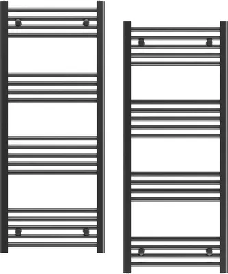 Two black towel radiators are shown side-by-side against a white background.