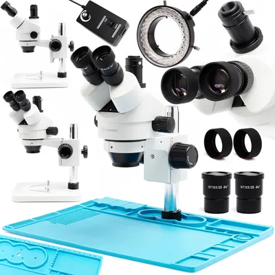Produktbild von Techrebal 10HT 7X – 45X Trinokular-Stereomikroskop mit silikonbeschichteter Metallbasis 48 x 32 cm und einstellbarer 60-facher LED-Beleuchtung