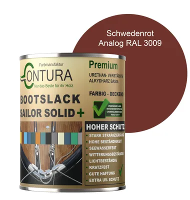 Produktbild von Contura Bootslack 500ml. Farbig Glänzend Yacht- Buntlack Metall Holz GFK Holzlack Schiffslack RAL Boot Farblos - Schwedenrot RAL 3009 Analog