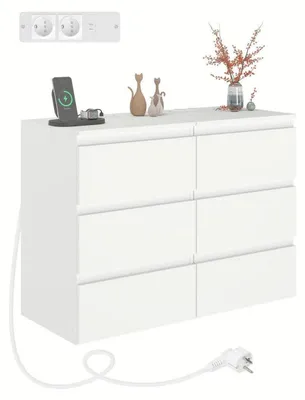 Productafbeelding van Set van 2 nachtkastjes, wit, met 3 lades, USB-poorten en stopcontacten, afmetingen 40x35x60 cm