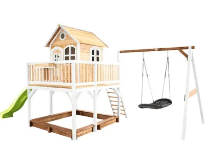 Produktbild von AXI Spielhaus Liam mit Sandkasten, Nestschaukel & hellgrüner Rutsche | Stelzenhaus XXL in Braun & Weiß aus  Holz für Kinder | Spielturm mit