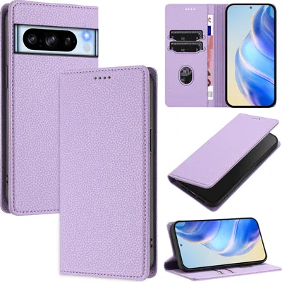Produktbild von Litchi Leder Handyhülle für Google Pixel 8 Pro Wallet Kartenfächer Standfunktion Hülle Violett