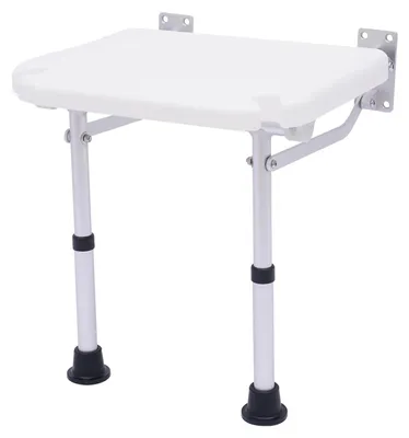 Obrázek produktu pro Sprchová sedačka – skládací nástěnná sedačka do koupelny – výškově nastavitelná 42–53 cm – sedací plocha 40x32 cm – protiskluzová – nosnost do 100 kg – bílá