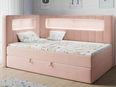 Produktbild von MKSMeble Kinderpolsterbett JUNIOR-GOLD-3, Rosa, 90x200 cm, links ausgerichtet, mit LED, Matratze und Topper, aus weichem Samtstoff, inkl. Bettkasten, kindersichere Materialien