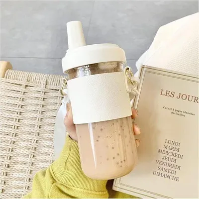 Immagine prodotto di Bicchiere in vetro, 500 ml, lavabile, con coperchio e cannuccia, per frullati, caffè e succhi di frutta