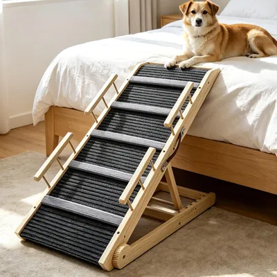 Image de Escalier pour chien en bois, escalier pour chien, 6 marches, réglable, hauteur 29-66,5 cm