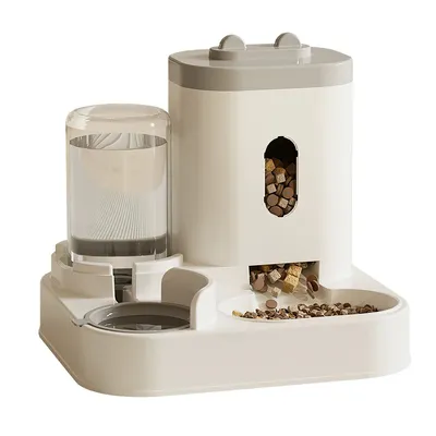 A white and gray automatic pet feeder and water dispenser.