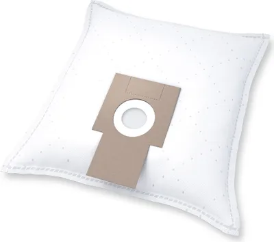A white vacuum cleaner bag with a tan cardboard attachment and a circular opening.