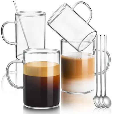 Kaffeetassen-Set 4er, Borosilikatglas 470 ml, mit Henkel & Löffel