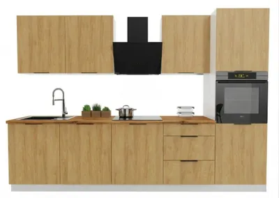 Produktbild von Küchenzeile 300 cm - mit brauner Arbeitsplatte - Hicora-Eiche - mit Hängeschränke und Unterschränke - Soft-Close-Funktion - BONO