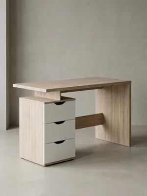 Schreibtisch aus Eiche Massivholz mit Schublade auf neutralem Betonhintergrund Frontalansicht 53x120x76 cm_#sku_SAFWL1.795#