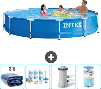 Immagine prodotto di Piscina Intex con struttura rotonda - 366 x 76 cm - Blu - In dotazione Tenda da sole - Pacchetto di manutenzione - Pompa di filtraggio per piscina - Filtro