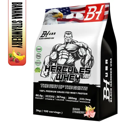 Produktbild von HERCULES Whey Protein 3kg Banane & Erdbeere – Profi Whey mit Vitamin D & Magnesium für Muskelaufbau & Training | Black Hammer USA