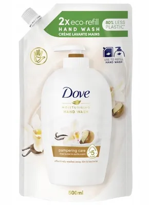 A refill pouch for Dove hand wash, featuring product branding and eco-friendly messaging.