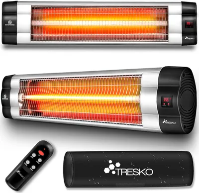 A product shot of a TRESKO infrared heater with a remote control and a cover.