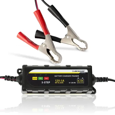 Zdjęcie produktu dla Ładowarka samochodowa Dunlop z wyświetlaczem LED - Ładowarka akumulatora 12V - Ładowarka akumulatora do samochodu, motocykla, skutera i łodzi - Certyfikat IP65 - z lampkami kontrolnymi i kablem rozruchowym