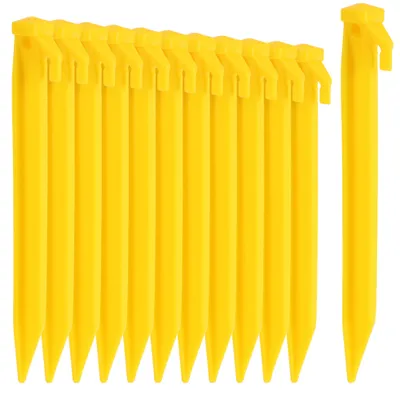 Produktbild von com-four® 12x Zelt-Heringe aus Kunststoff - Bodenanker für Camping, Garten, Strand - Erdnägel mit Heringzieher-Loch - gelbe Erdanker - 22 cm